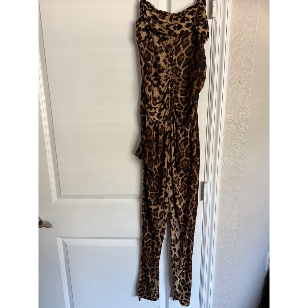 Y2K Luvy Leopard Print Ruched Jumpsuit Women Brown Animal Print Slim Leg Strappy